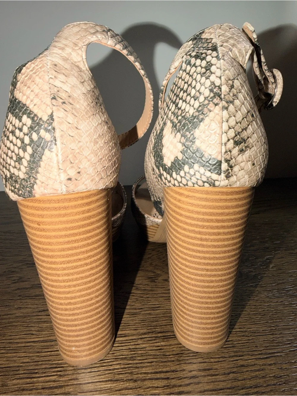 Sun + Stone Tan and Gray Snake-Print Ankle Strap Heels